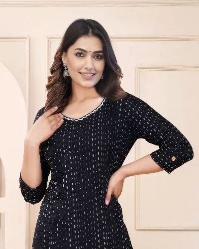 Solid Black A-Line Rayon Kurti Pant Set