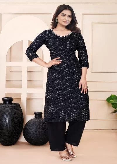 Solid Black A-Line Rayon Kurti Pant Set