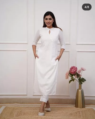 Solid White Chikan Threadwork Cotton Kurti Pant Set