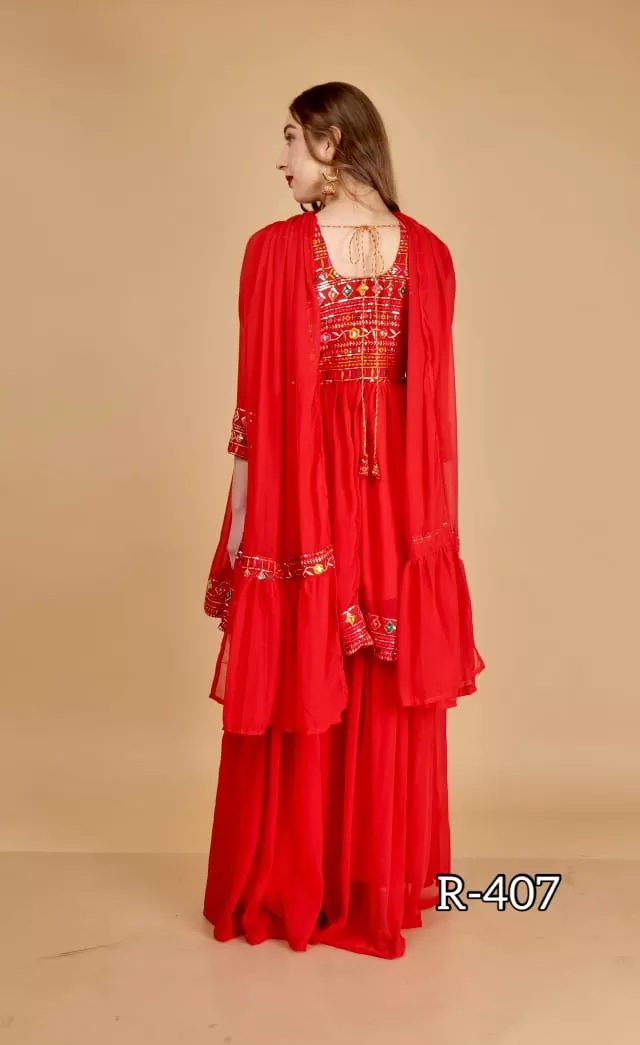 Stunning sharara 3-piece attire with heavy sequins  work in colors like Red -FOF001RS