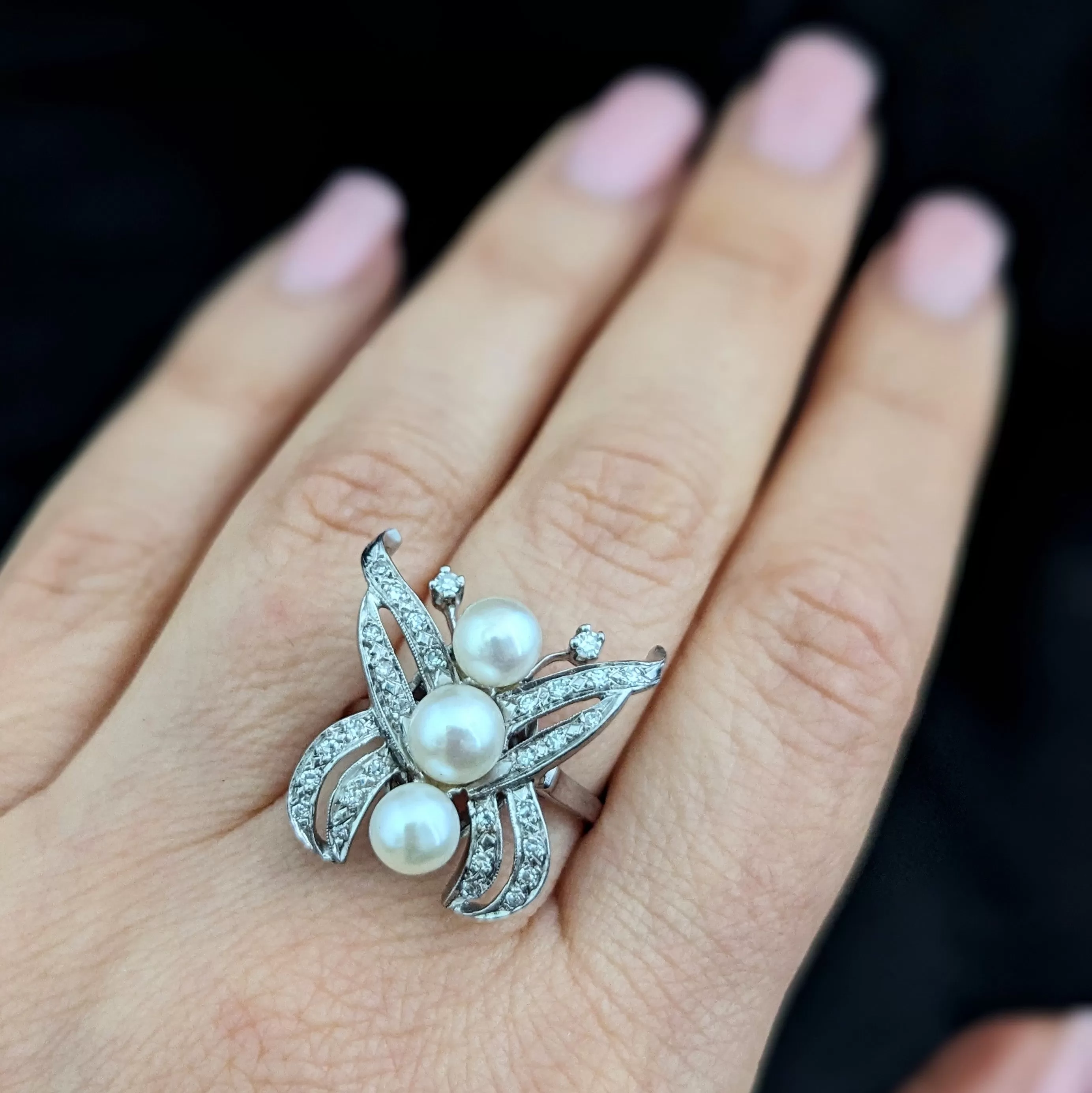 The Waterbury - Vintage Diamonds Pearls 14k White Gold Butterfly Cocktail Ring