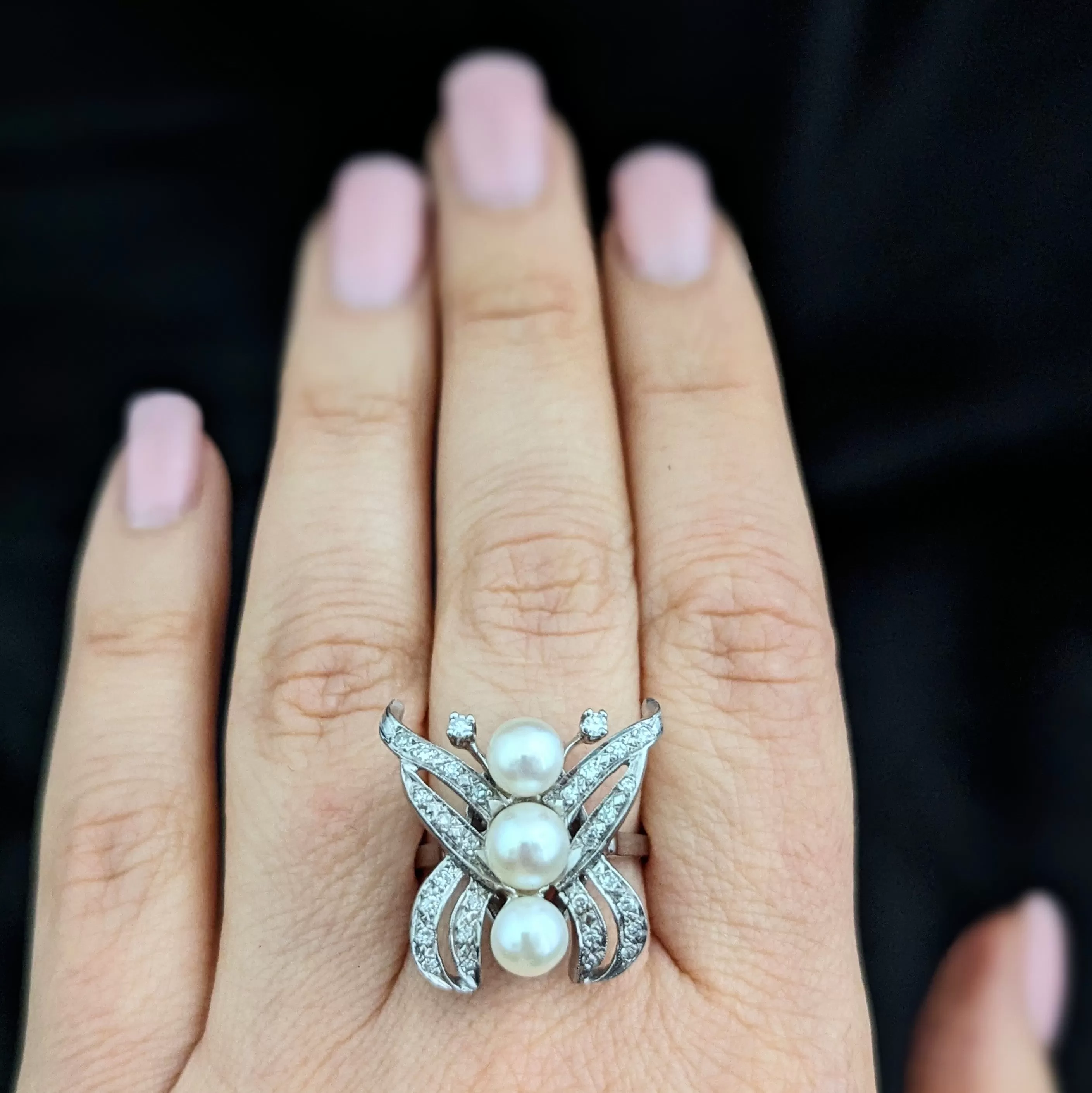 The Waterbury - Vintage Diamonds Pearls 14k White Gold Butterfly Cocktail Ring