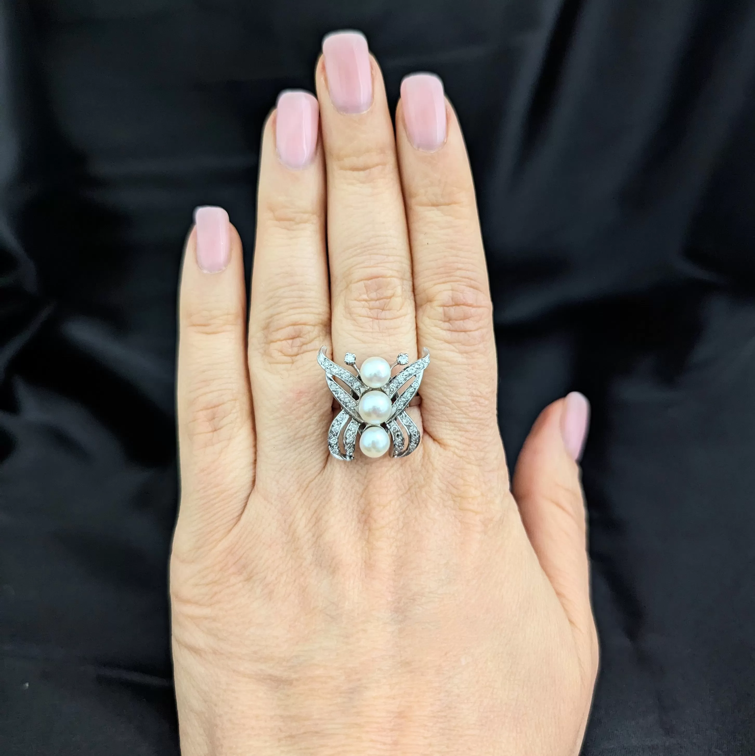 The Waterbury - Vintage Diamonds Pearls 14k White Gold Butterfly Cocktail Ring