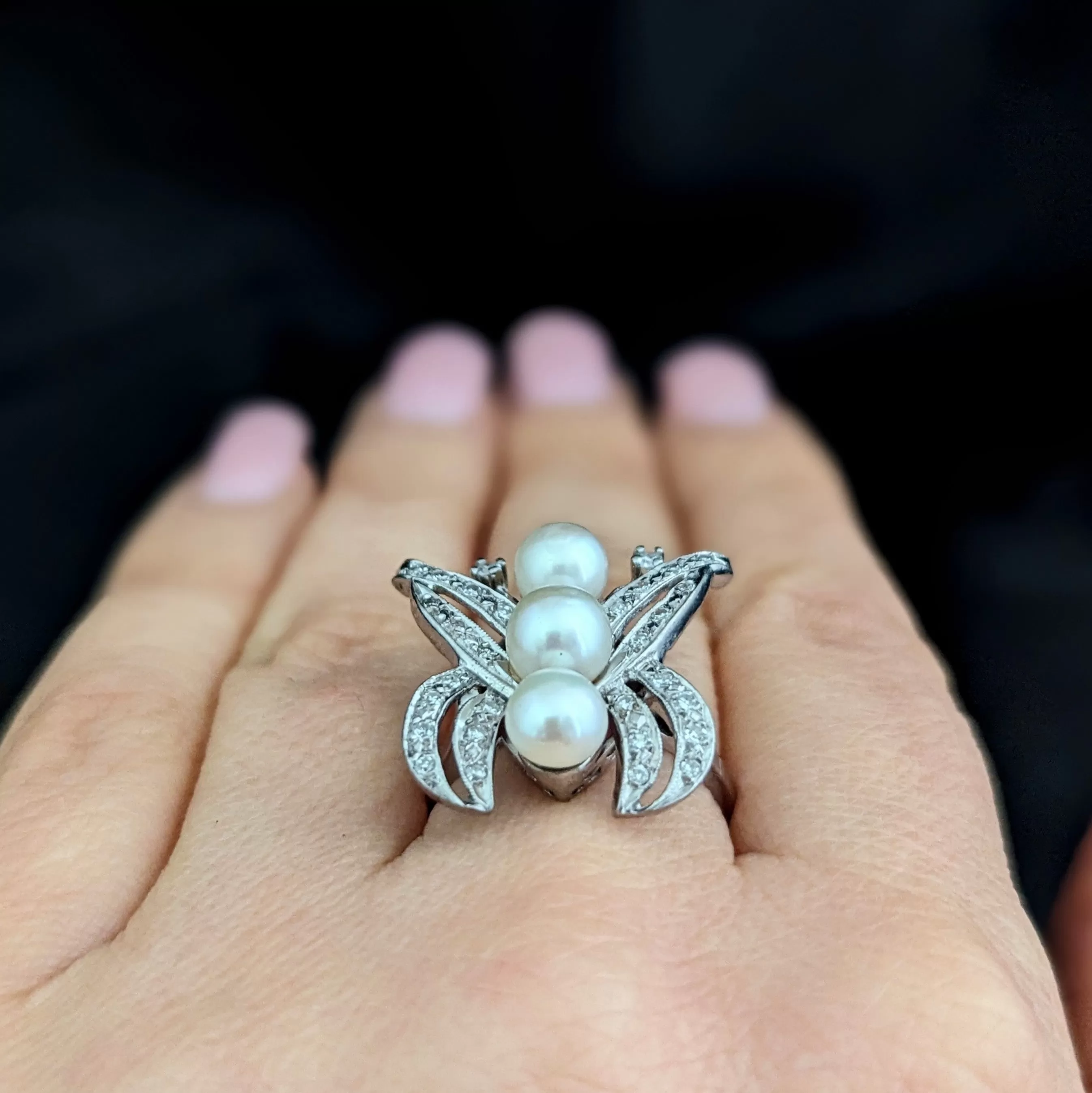 The Waterbury - Vintage Diamonds Pearls 14k White Gold Butterfly Cocktail Ring