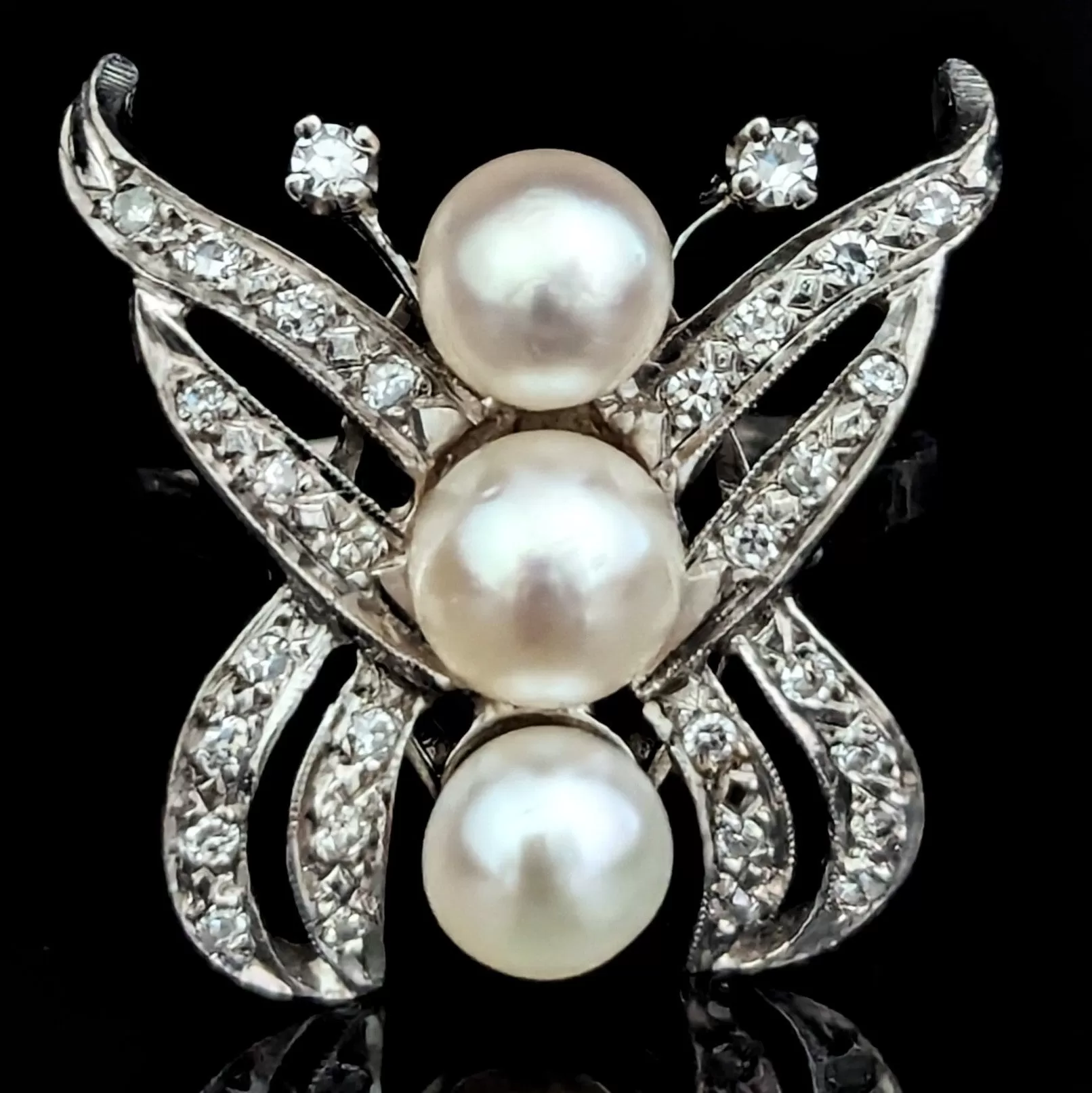 The Waterbury - Vintage Diamonds Pearls 14k White Gold Butterfly Cocktail Ring