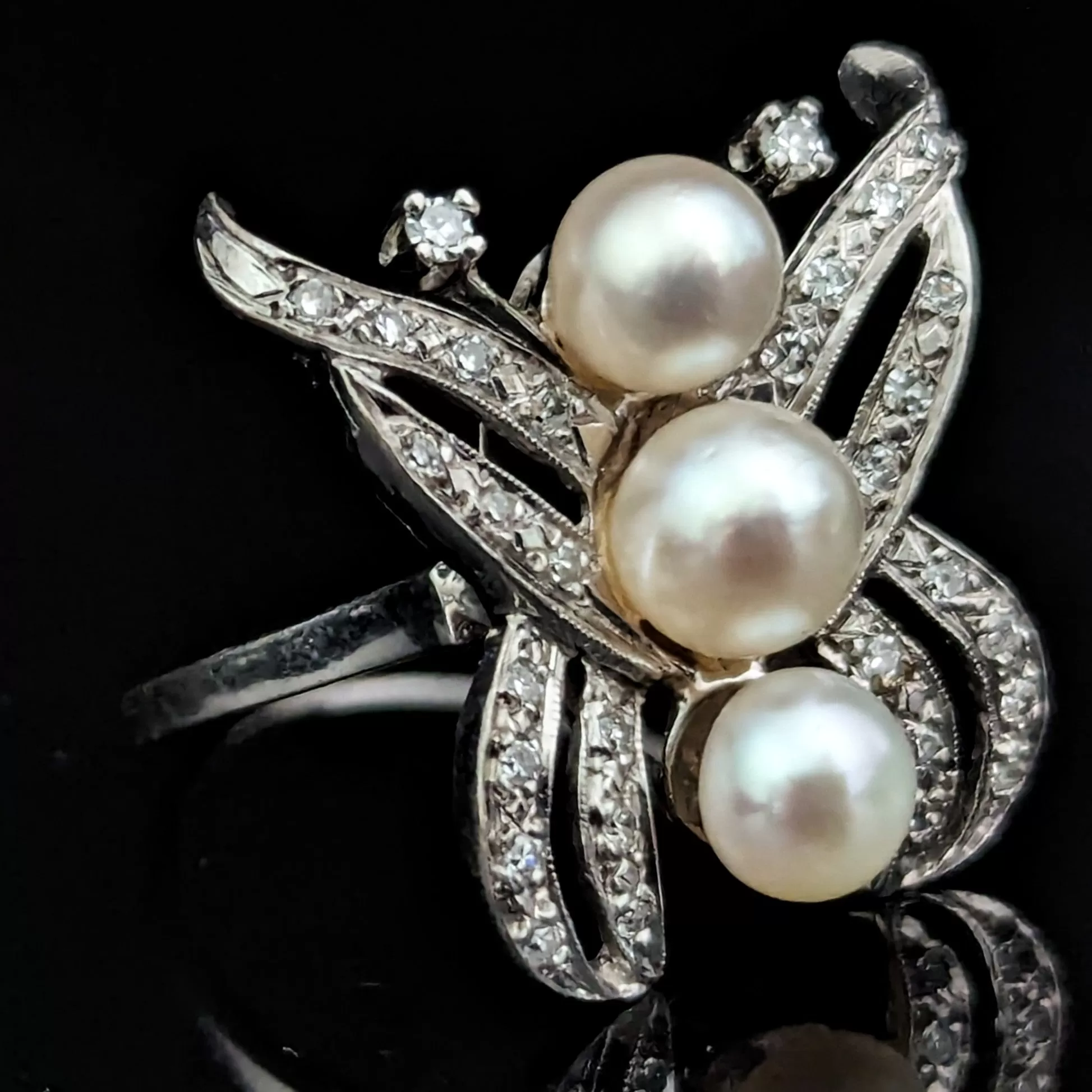 The Waterbury - Vintage Diamonds Pearls 14k White Gold Butterfly Cocktail Ring