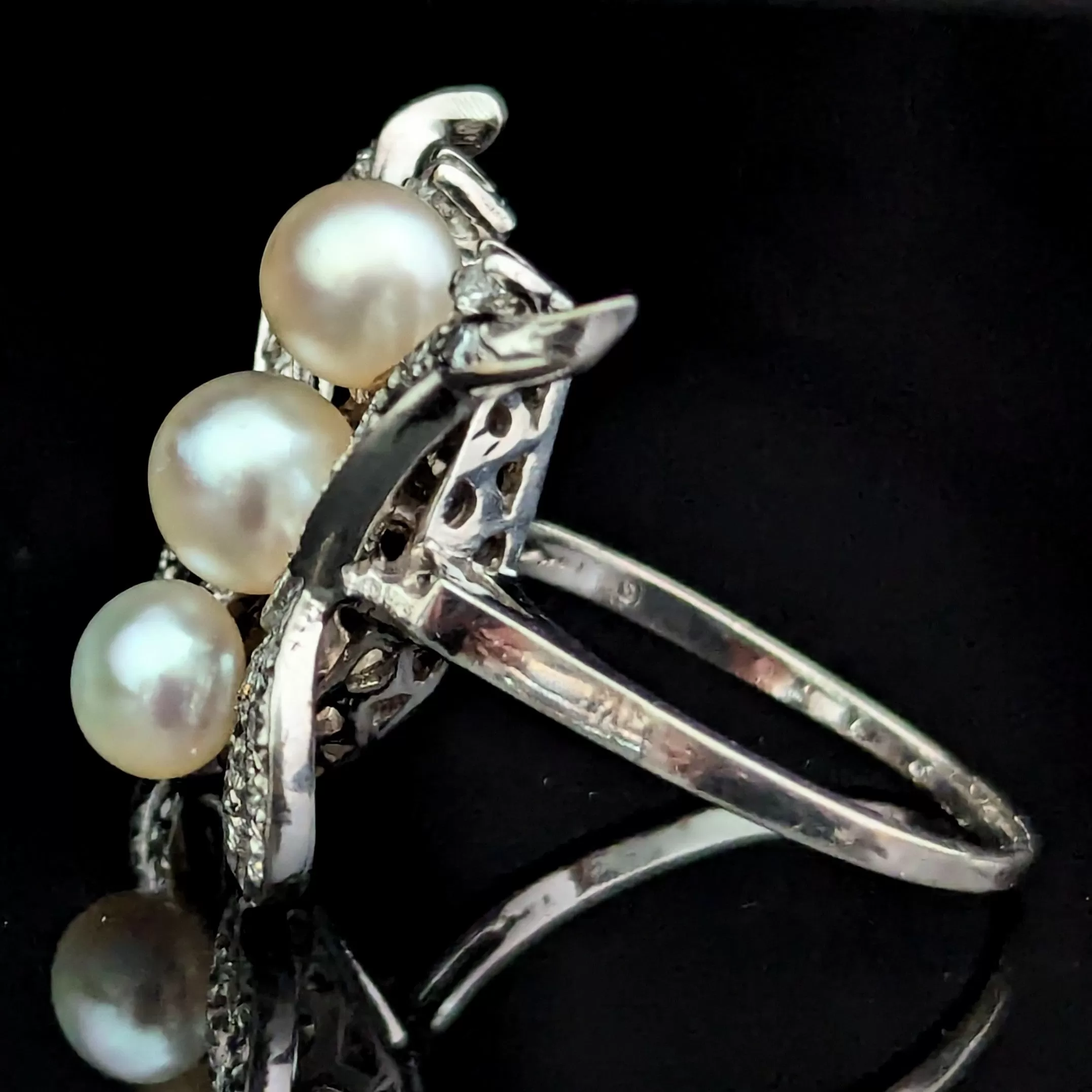 The Waterbury - Vintage Diamonds Pearls 14k White Gold Butterfly Cocktail Ring