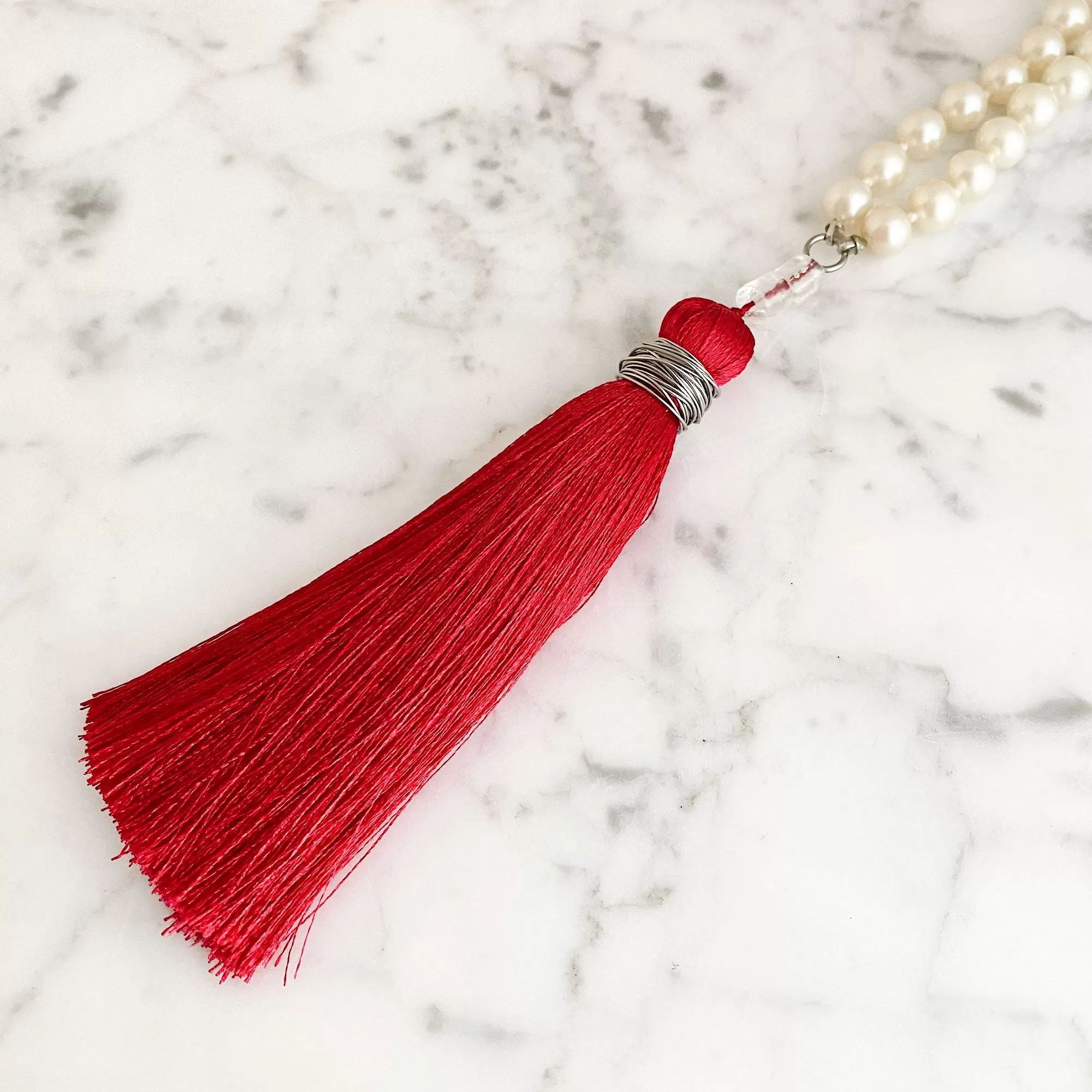 TOVA pearl and red tassel necklace