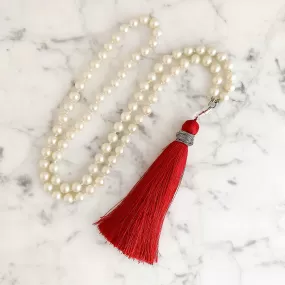 TOVA pearl and red tassel necklace