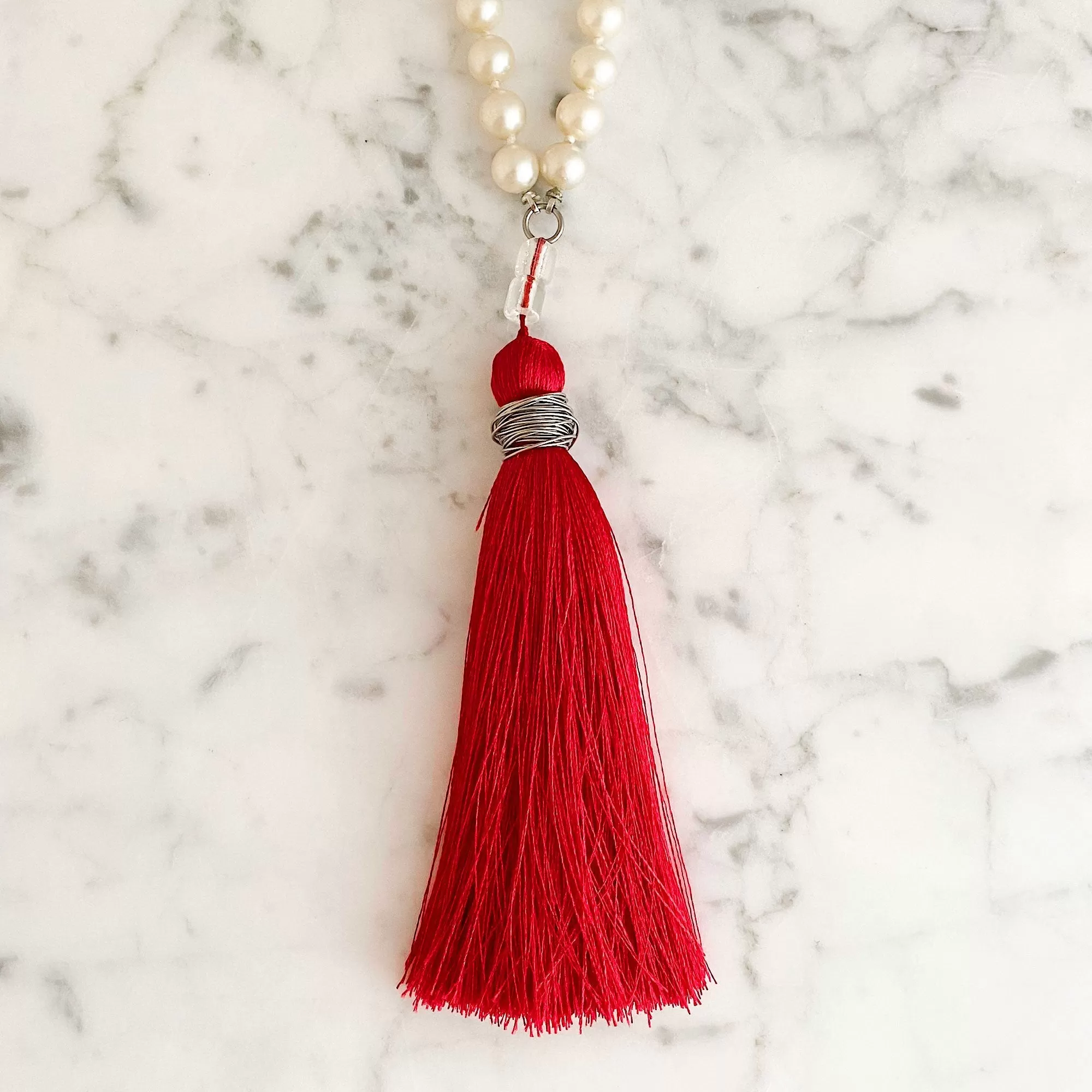 TOVA pearl and red tassel necklace