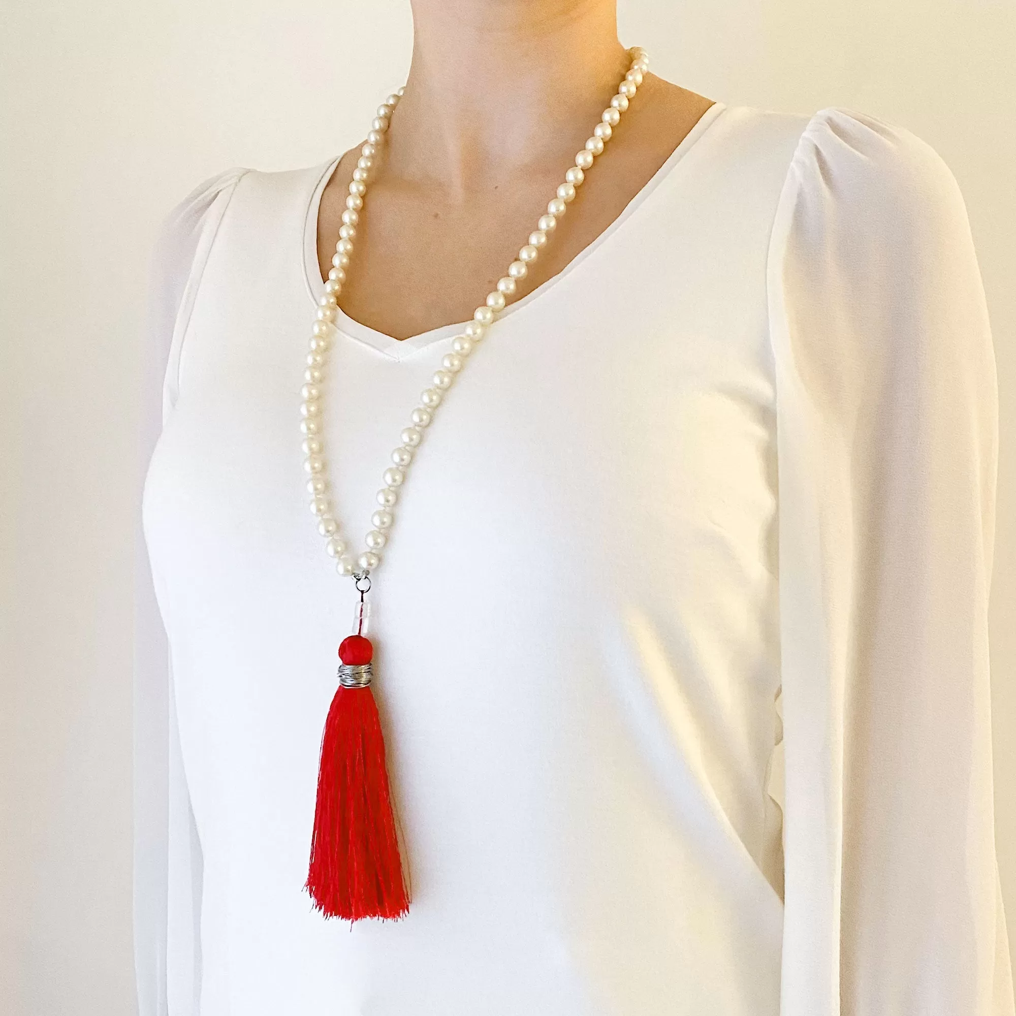 TOVA pearl and red tassel necklace