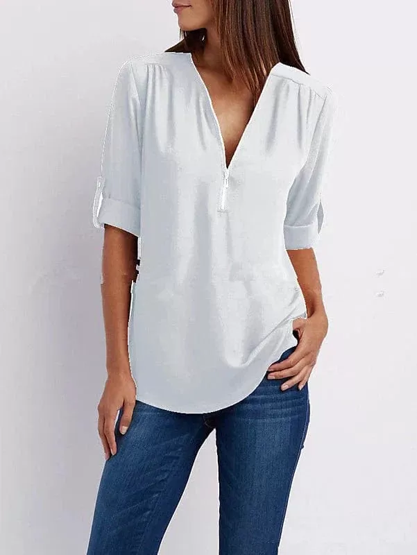 V Neck Zipper Women's Blouse Shirt for Summer