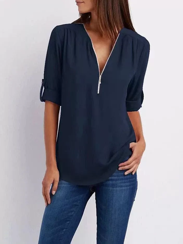 V Neck Zipper Women's Blouse Shirt for Summer