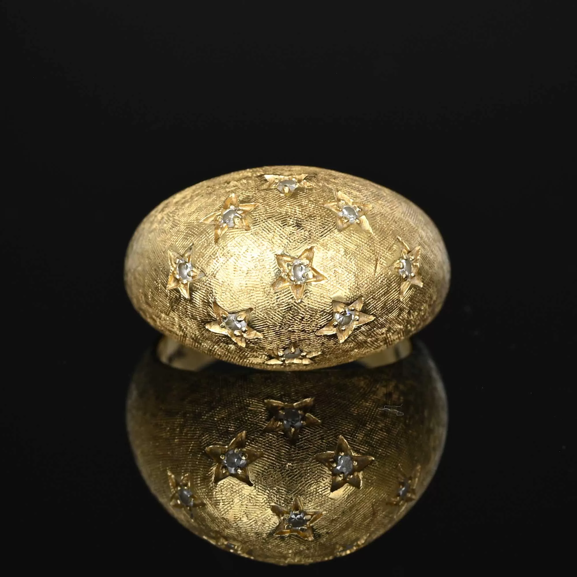 Vintage 14K Gold Diamond Bombe Ring with Stars