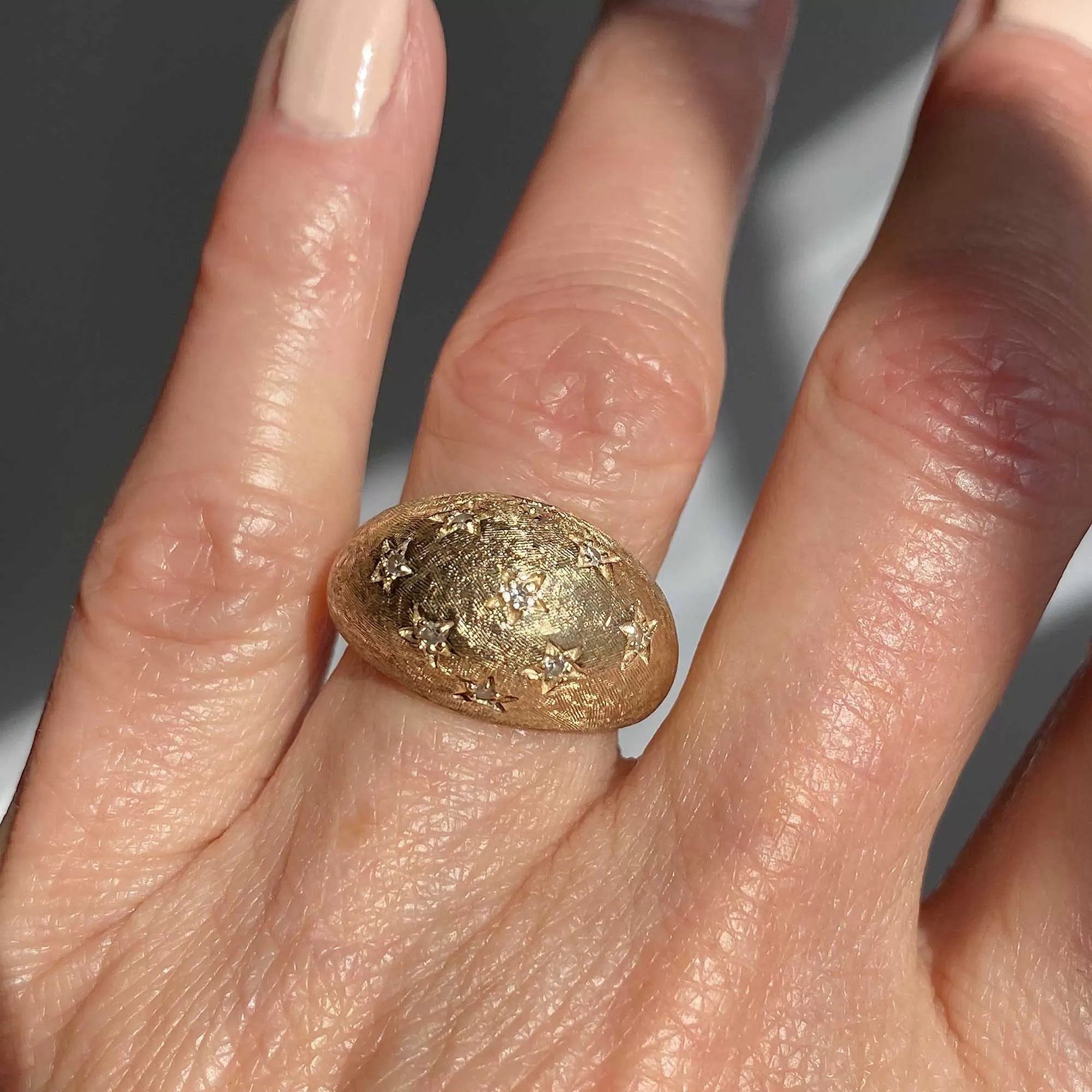 Vintage 14K Gold Diamond Bombe Ring with Stars