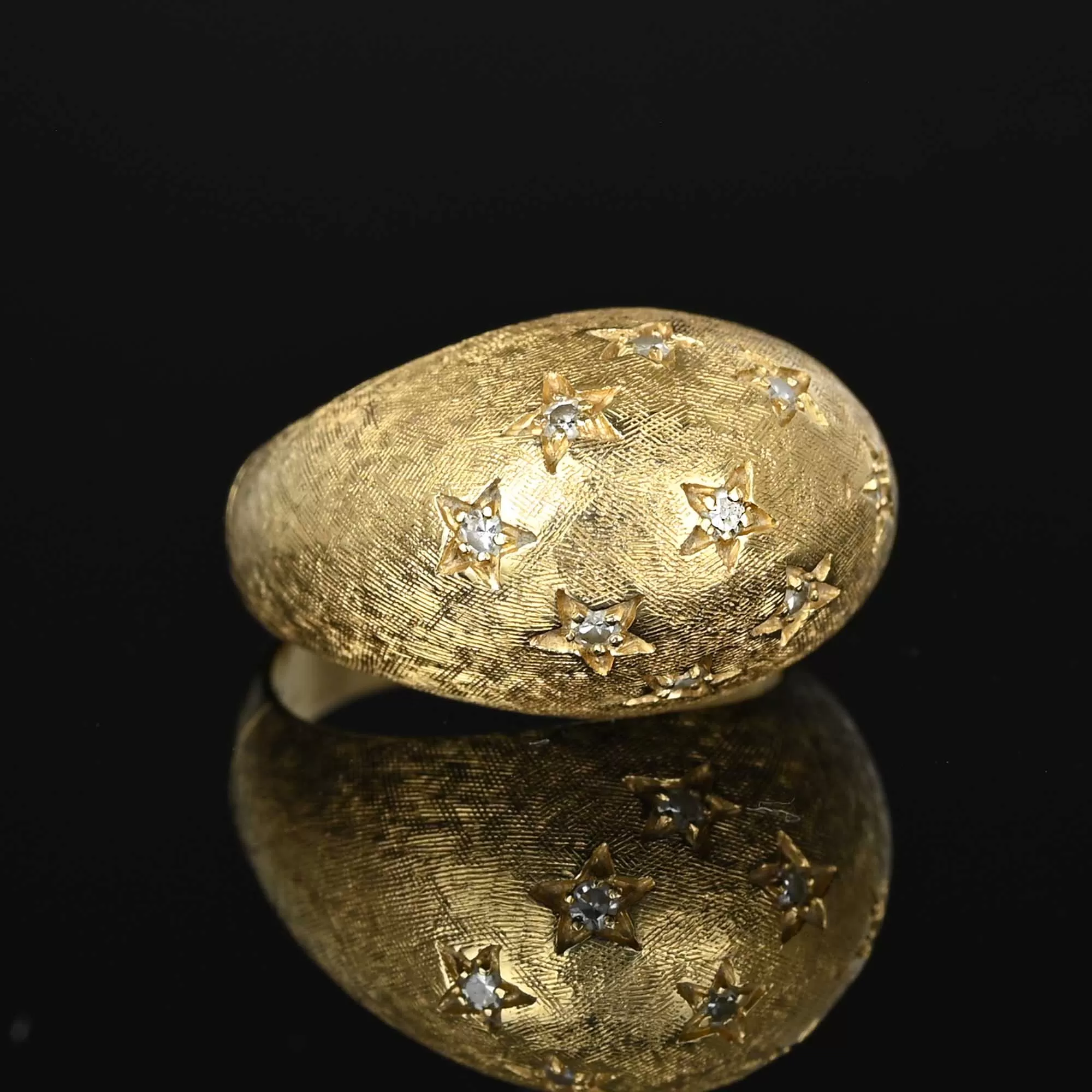 Vintage 14K Gold Diamond Bombe Ring with Stars