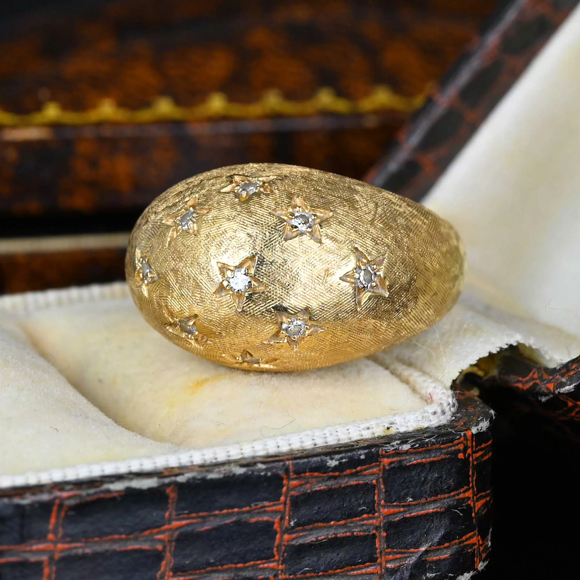 Vintage 14K Gold Diamond Bombe Ring with Stars