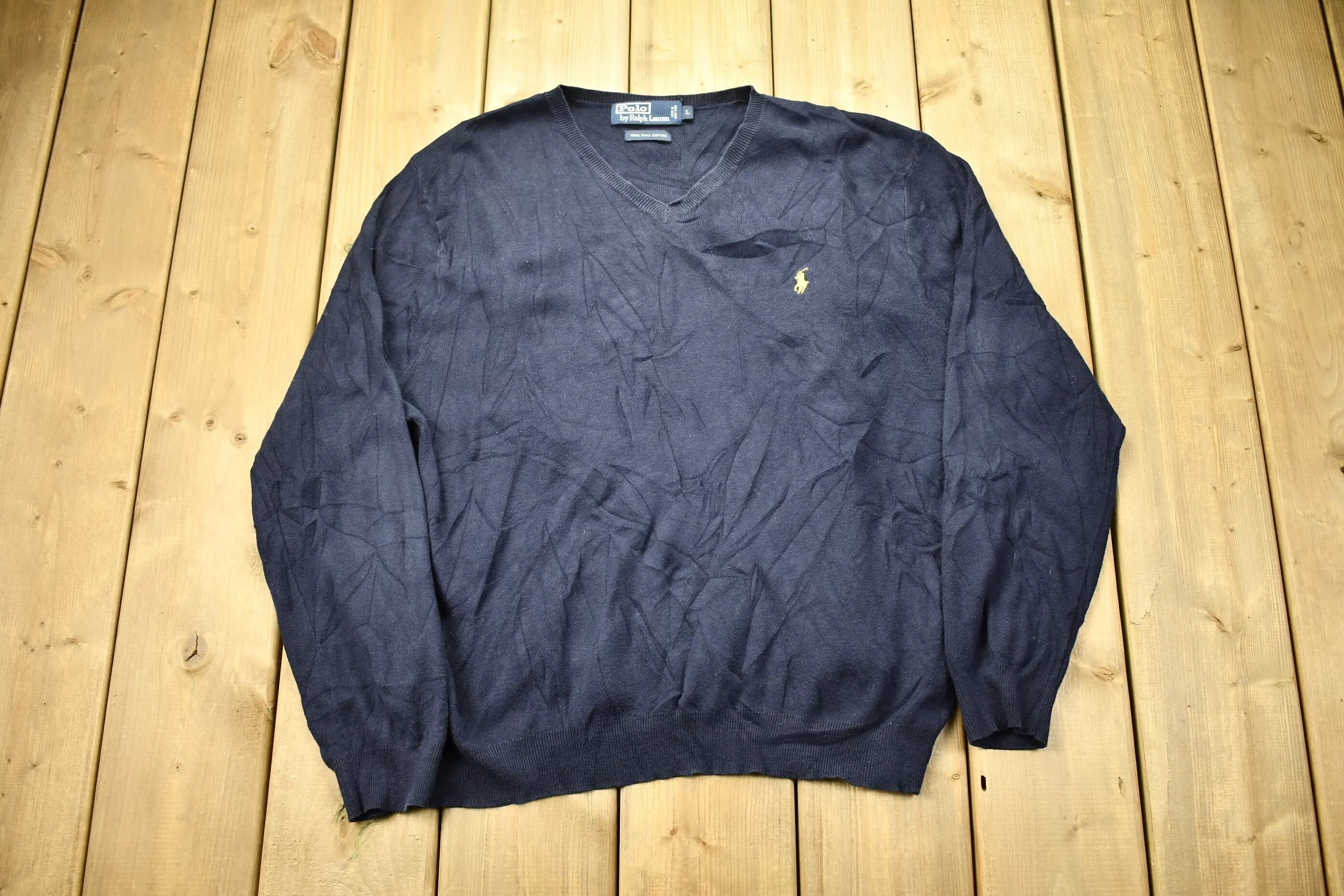 Vintage 1990s Polo Ralph Lauren Navy Blue V-neck Knit Sweatshirt / 90s Crewneck / Small Pony / Streetwear / Vintage Polo