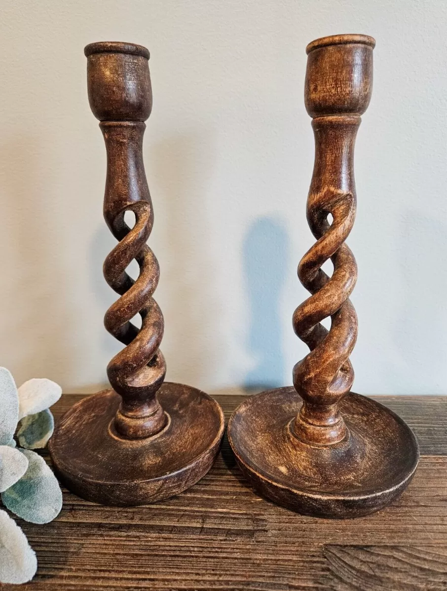 Vintage English Oak Candlesticks - Set of 2