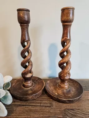 Vintage English Oak Candlesticks - Set of 2