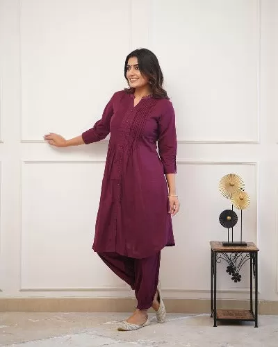 Wine Monochrome Cotton Kurti With Afghani Pant Set