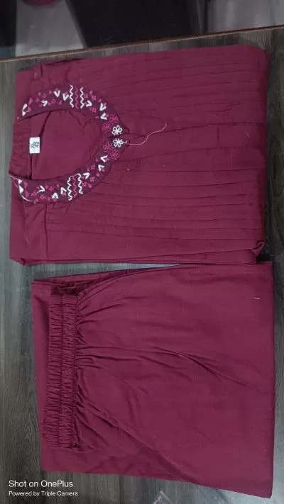 Wine Monochrome Cotton Kurti With Afghani Pant Set