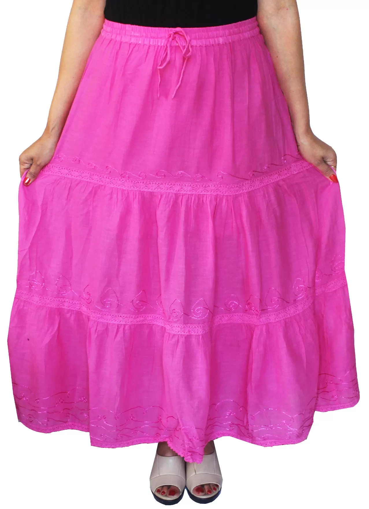 Women Solid Embroidered Cotton Long Skirt India Clothes (Pink)