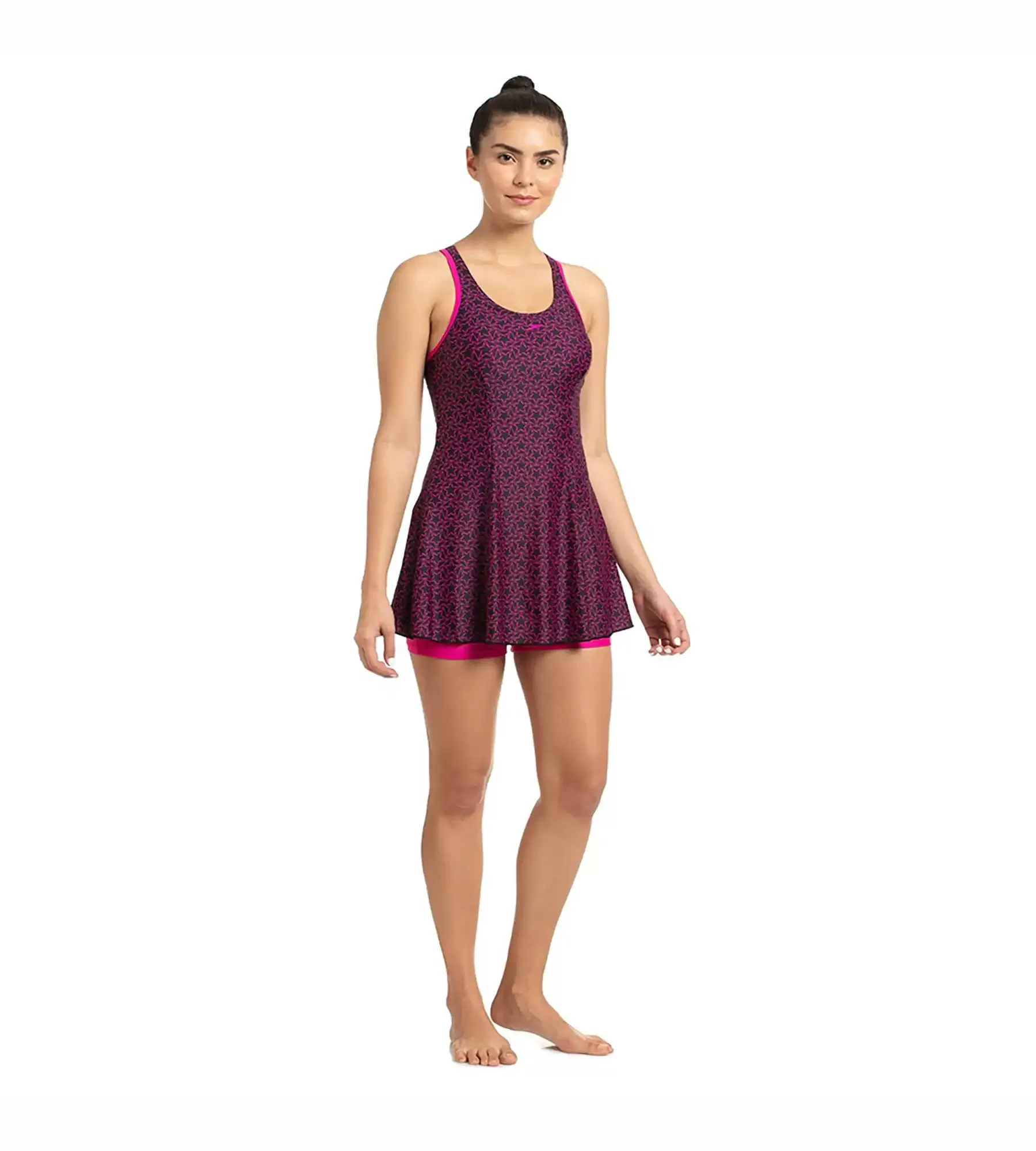 Women's Endurance10 Boomstar Printed Swimdress With Boyleg - Black & Electric Pink