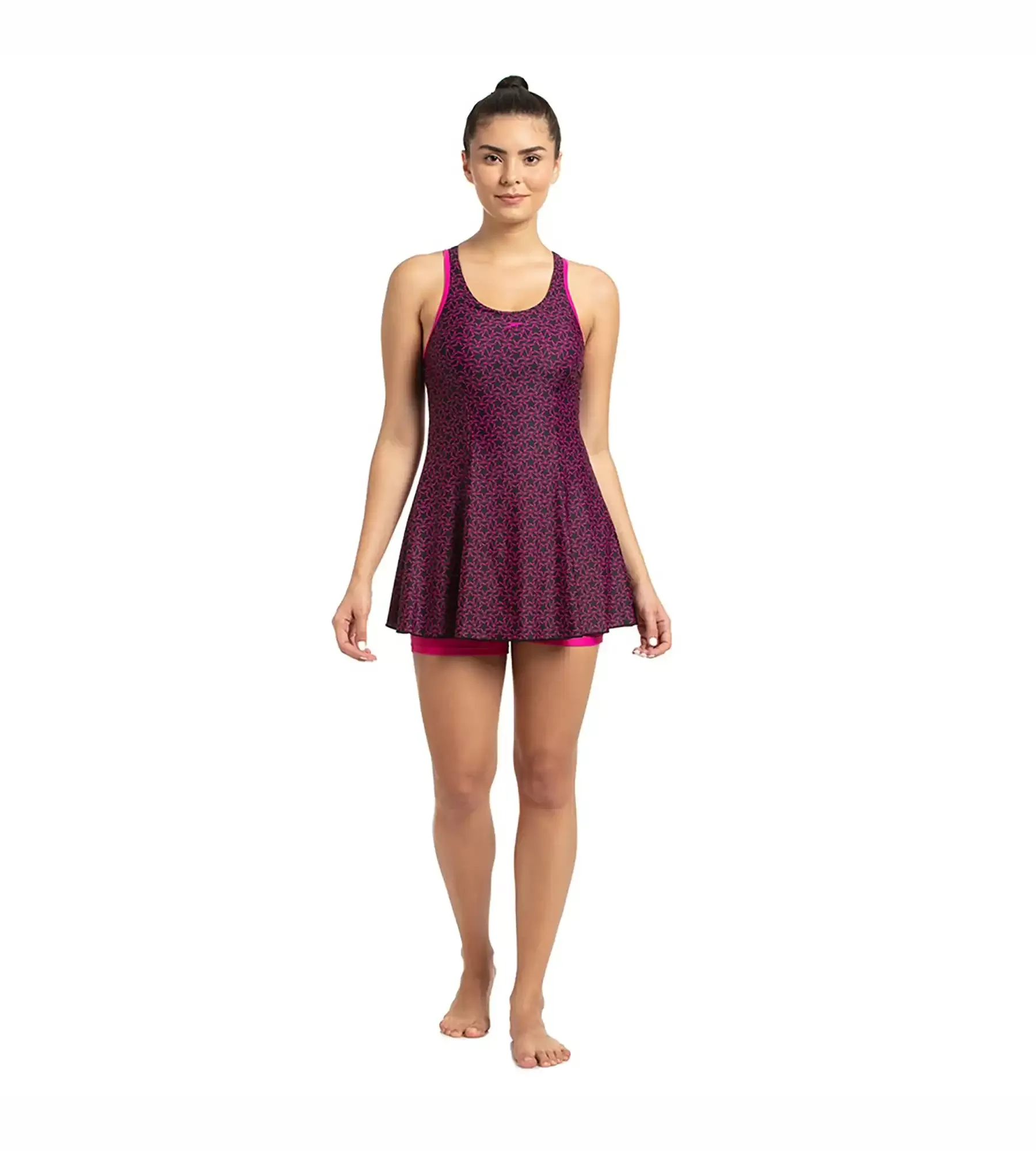 Women's Endurance10 Boomstar Printed Swimdress With Boyleg - Black & Electric Pink