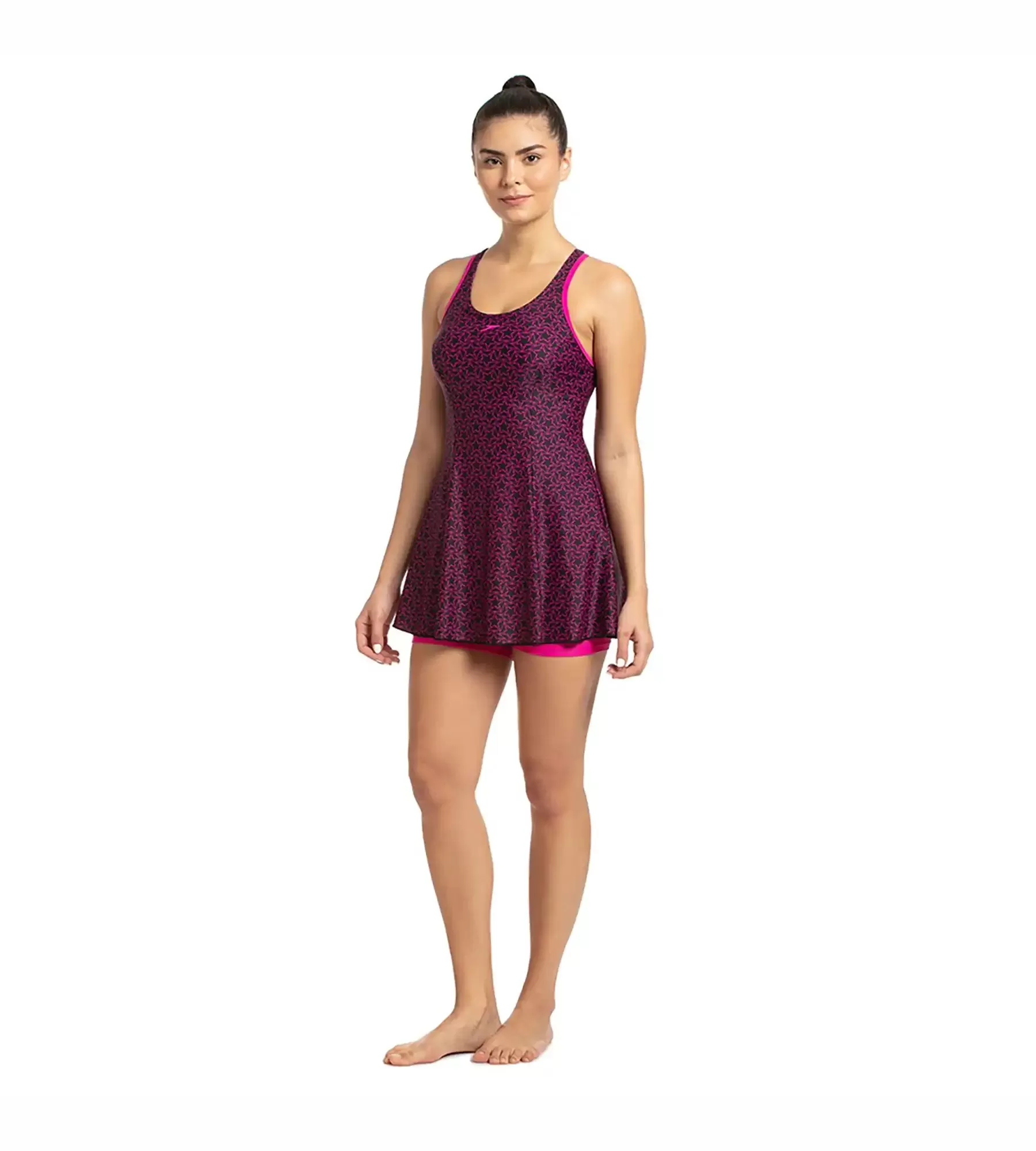 Women's Endurance10 Boomstar Printed Swimdress With Boyleg - Black & Electric Pink