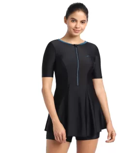 Women's Endurance10 Closedback Short Sleeve Swimdress With Boyleg - Black & Dark Teal