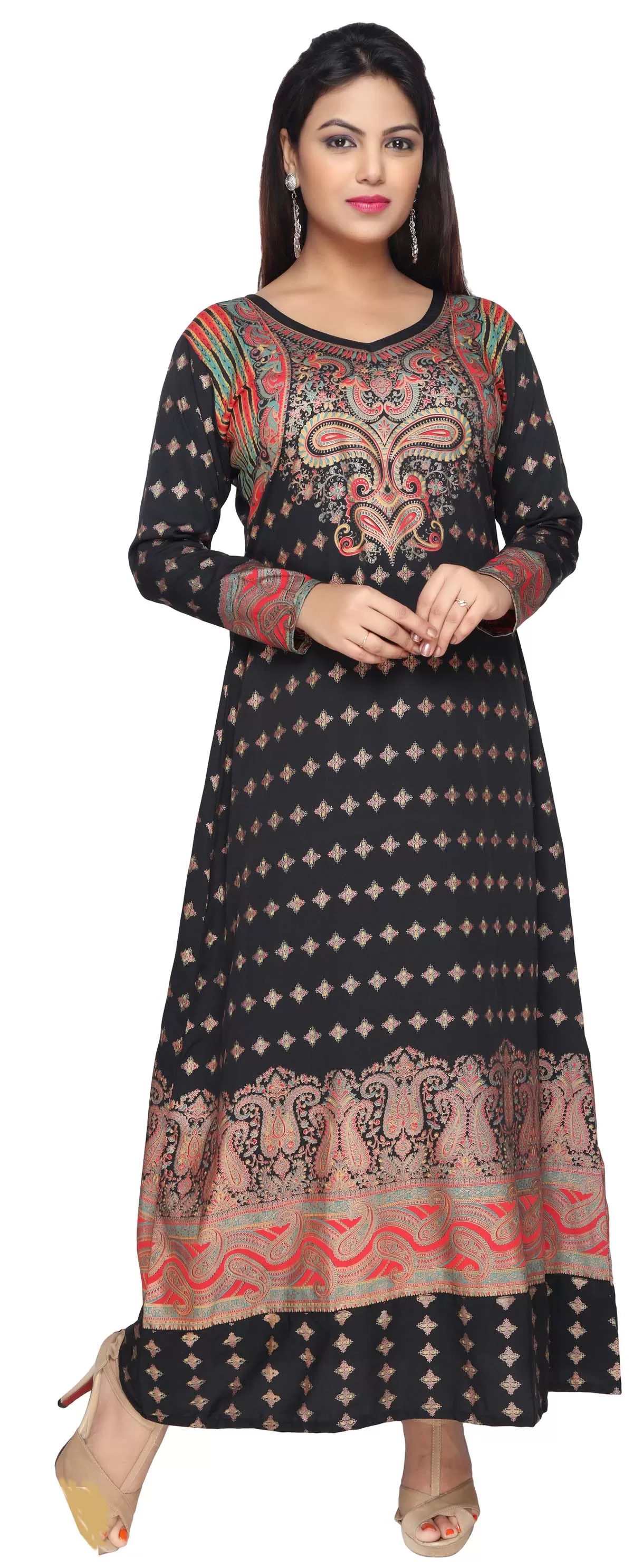 Women's Evening Printed Long Caftan Dress Abayas Kaftan (Black)