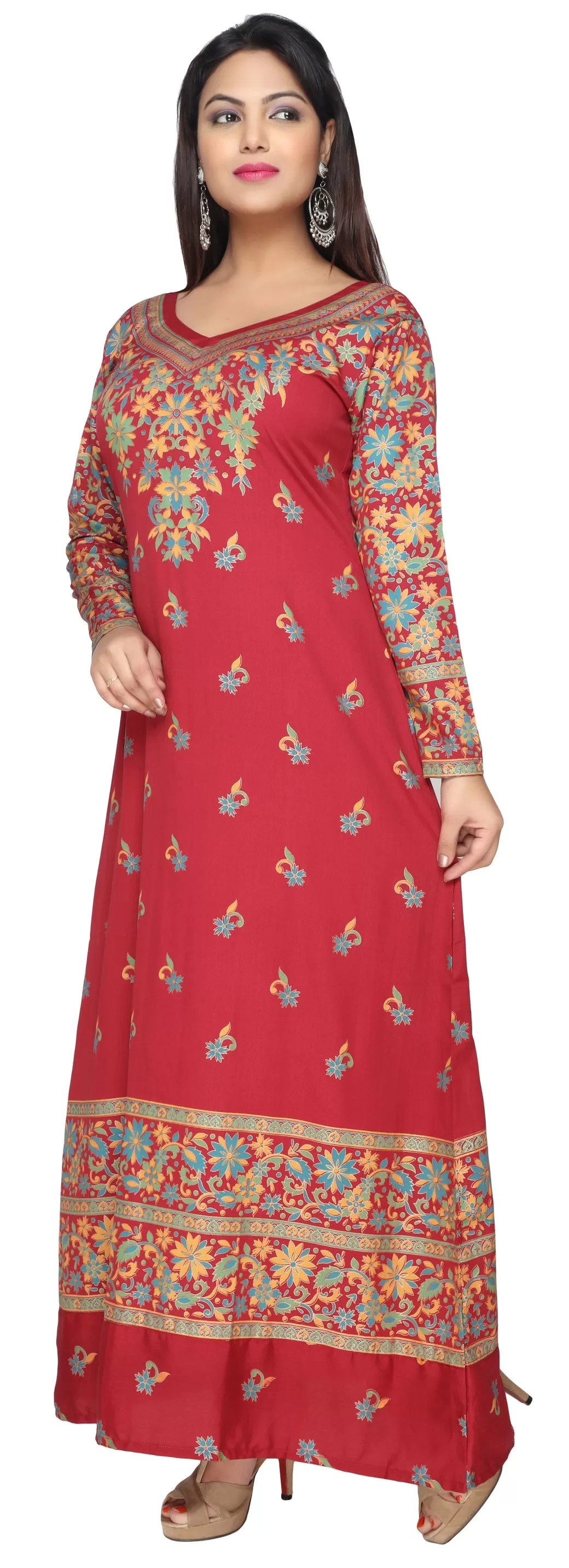 Womens Printed Long Kaftan Evening Dress (Red)