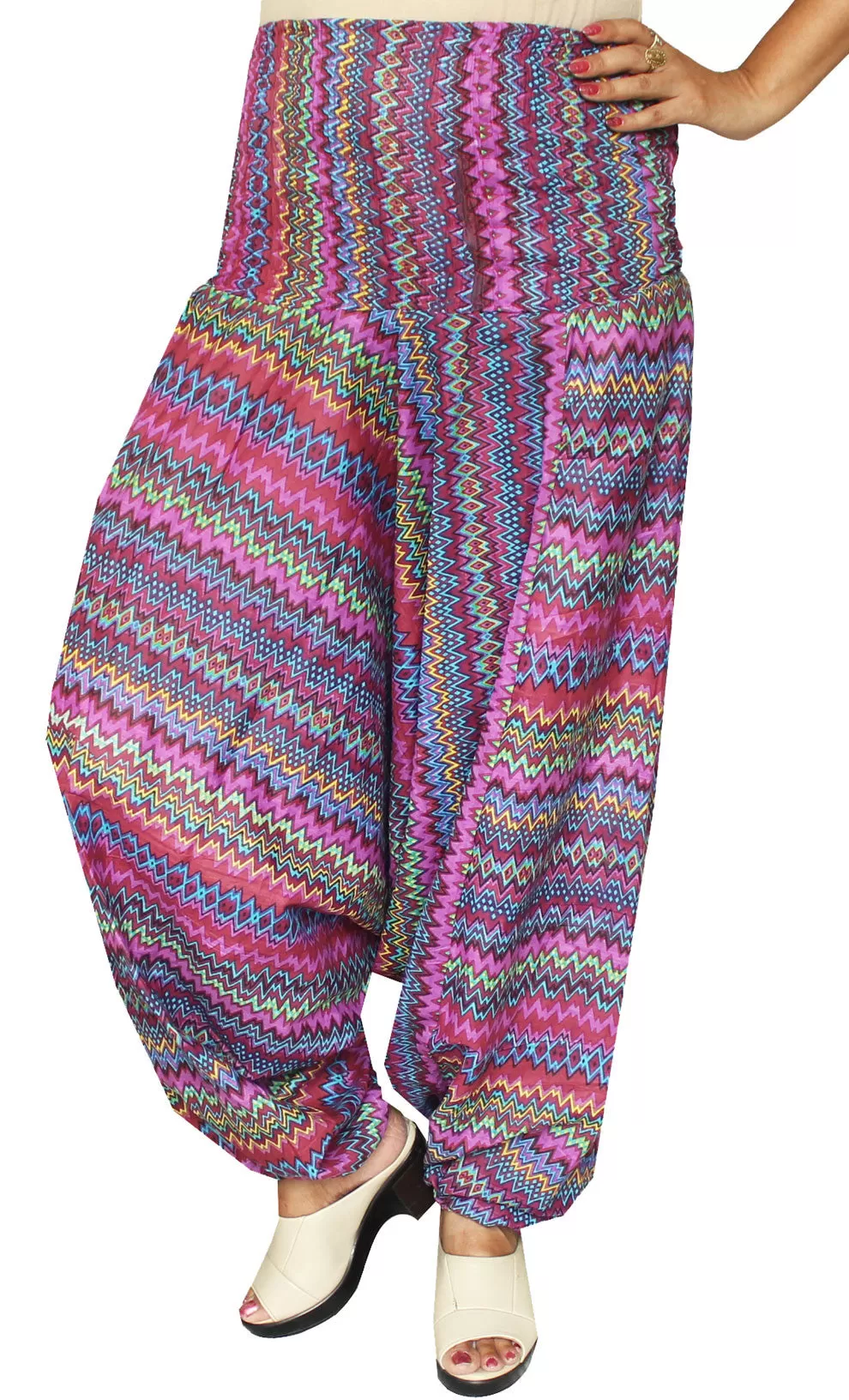 Womens Smocked Waist Hippie Rayon Harem Pants (Multicolor)