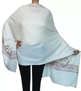 Woolen Hand Embroidered Scarf Shawl Womens Gift (76 x 28 inches, Off-White)